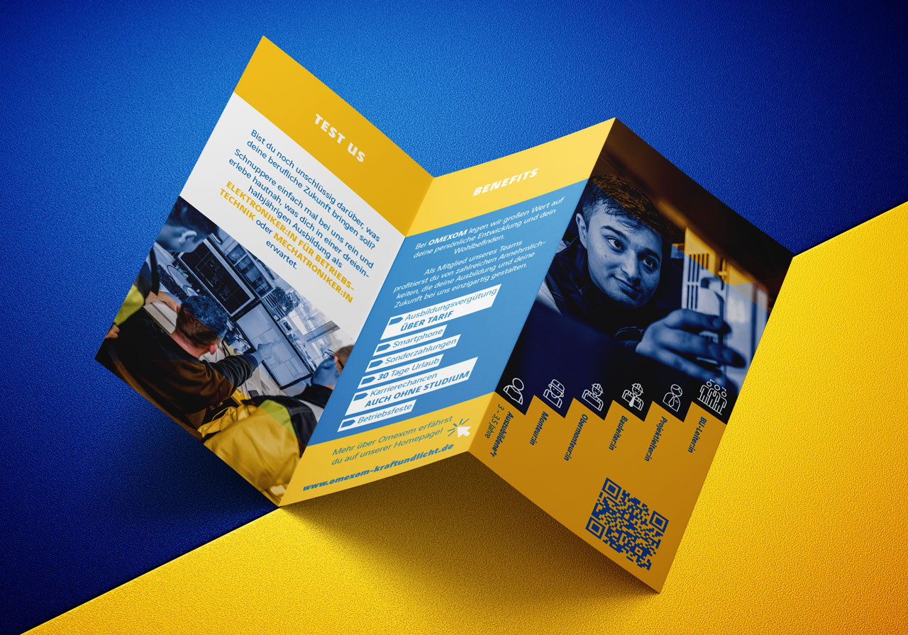 Rückseite Flyer design für Karriere bei Omexom Kraft- & Lichtanlagen